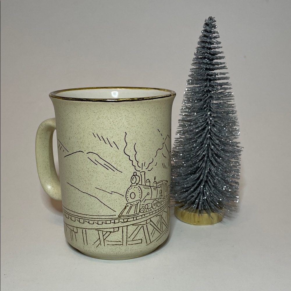 Vintage MANOIR Hand Crafted Pottery Ceramic Mug Scenic Train Country Kitchen